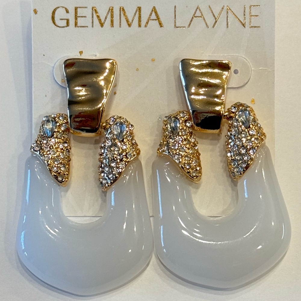 White Resin Drop Formal Statement Earrings with Gold & Crystal Accents